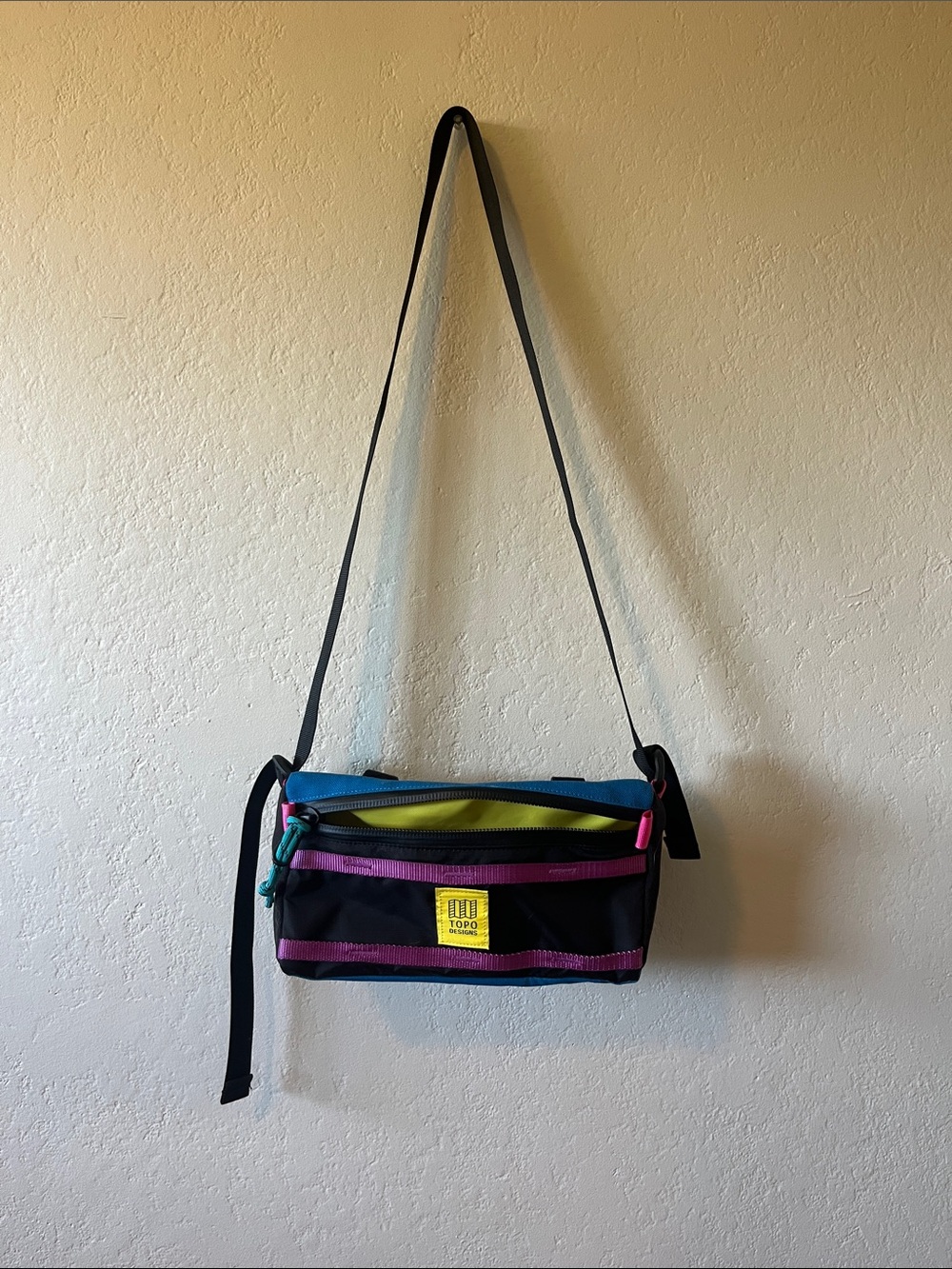 Topo Designs Black Crossbody with Blue, Purple & Yellow Accents